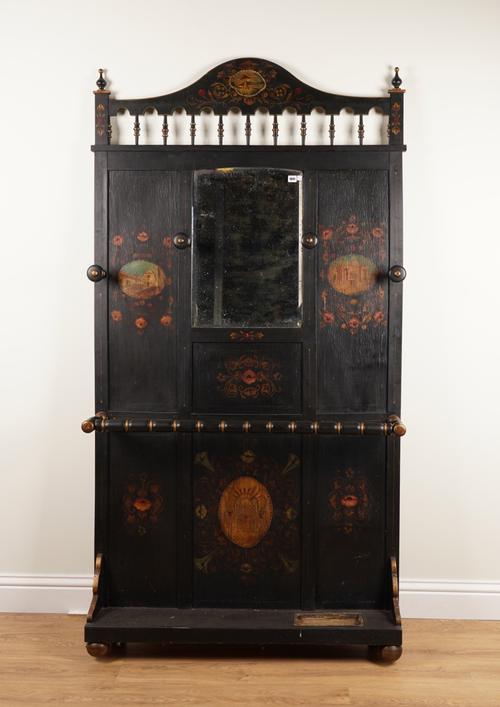 AN EARLY 20TH CENTURY FRENCH PAINTED MIRROR BACK HALL STAND