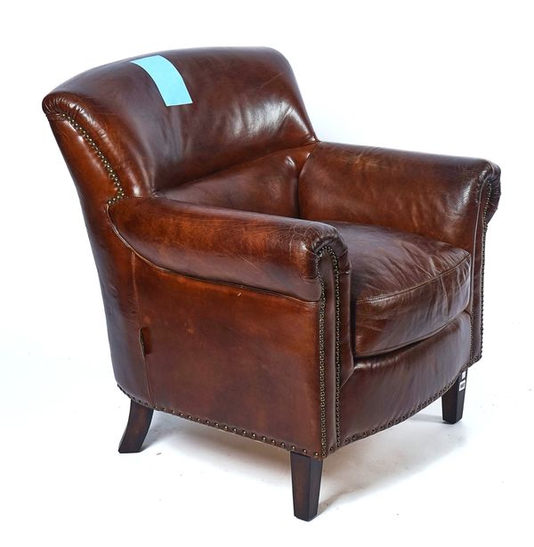 A FRENCH CAFE STYLE TAN LEATHER UPHOLSTERED EASY ARMCHAIR