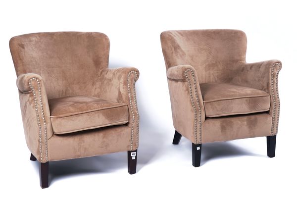 MINDY BROWNES; A PAIR OF MODERN SILVER STUDDED FAUX SUEDE TUB-BACK EASY ARMCHAIRS (2)