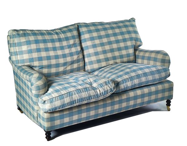 GEORGE SMITH; A BLUE CHECK UPHOLSTERED TWO SEAT SOFA