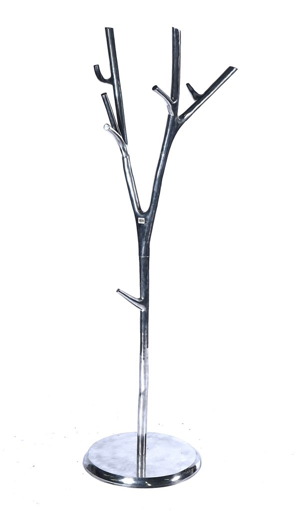 A POLISHED METAL COAT AND HAT STAND OF NATURALISTIC TREE FORM