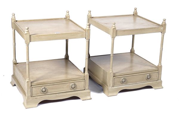 A PAIR OF AVOCADO PAINTED SQUARE TWO TIER OCCASIONAL TABLES (2)