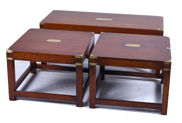 A PAIR OF CAMPAIGN STYLE BRASS BOUND MAHOGANY SQUARE OCCASIONAL TABLES (3)