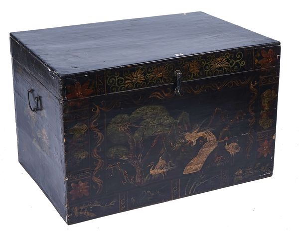 A LATE 19TH CENTURY CHINESE-EXPORT BLACK LACQUER TRUNK