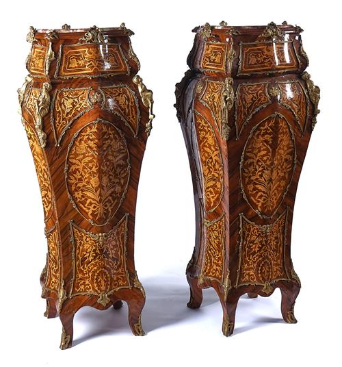 A PAIR OF LOUIS XV STYLE GILT-METAL MOUNTED MARQUETRY PEDESTALS (2)