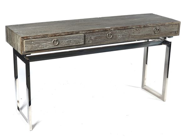 A MODERN LIMED ELM AND POLISHED STEEL CONSOLE TABLE