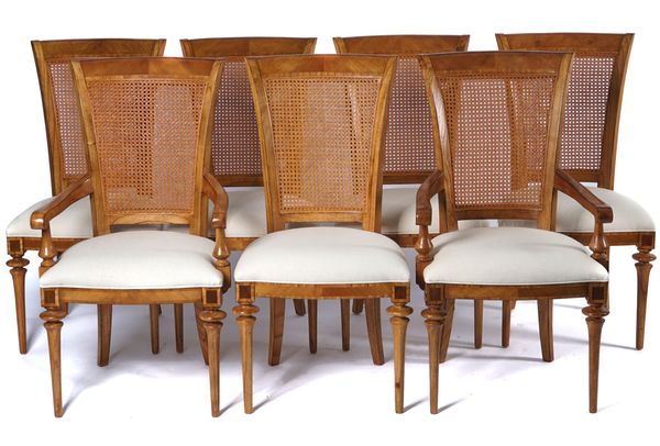 FRANK HUDSON SPIRE RANGE; A SET OF TWELVE ASH AND FIGURED WALNUT CANE BACK DINING CHAIRS (12)