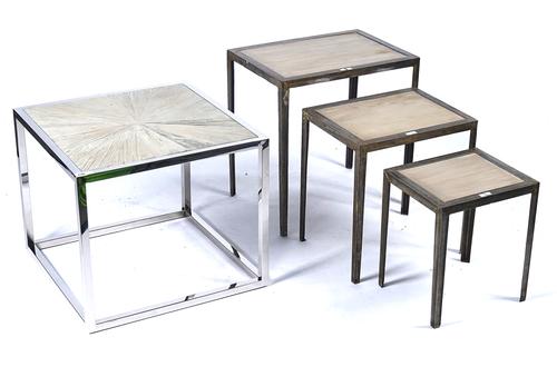 A SQUARE OCCASIONAL TABLE WITH LIMED ELM INSET TOP (4)