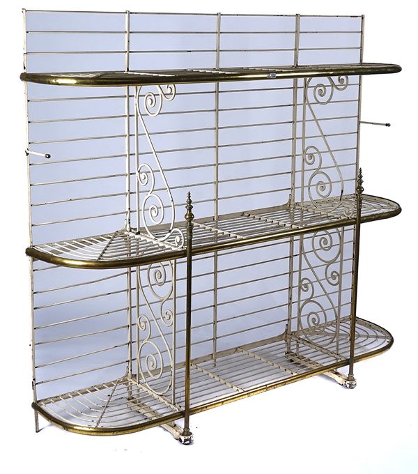 A 19TH CENTURY WHITE PAINTED WROUGHT IRON AND BRASS SET OF BAKER'S SHELVES