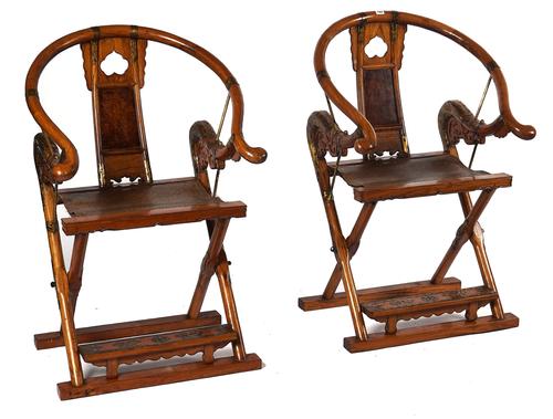 A PAIR OF 19TH CENTURY CHINESE GILT -METAL MOUNTED HARDWOOD HORSESHOE BACK CHAIRS (2)