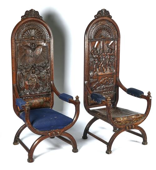 A PAIR OF 19TH CENTURY CARVED OAK ECCLESIASTICAL ARMCHAIRS (2)