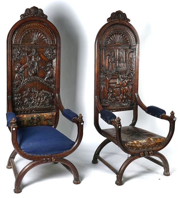 A PAIR OF 19TH CENTURY CARVED OAK ECCLESIASTICAL ARMCHAIRS (2)