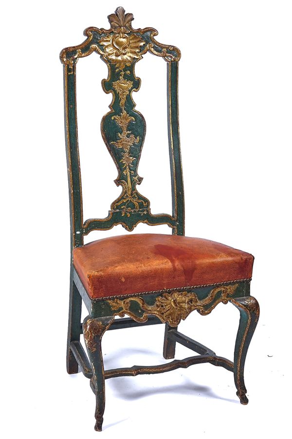 A QUEEN ANNE PARCEL-GILT GREEN PAINTED SIDE CHAIR