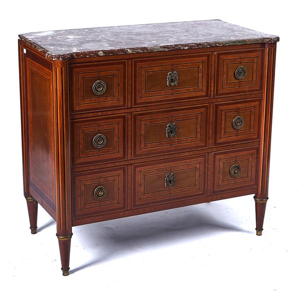 A LOUIS XVI STYLE MARBLE TOPPED COMMODE