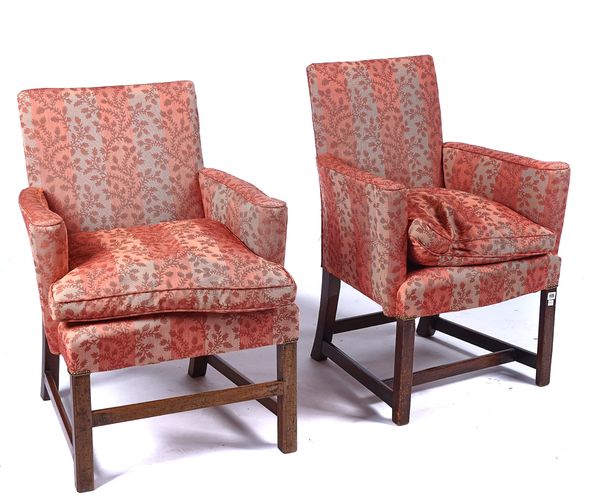 A NEAR PAIR OF GEORGE III MAHOGANY SQUARE BACK EASY ARMCHAIRS (2)