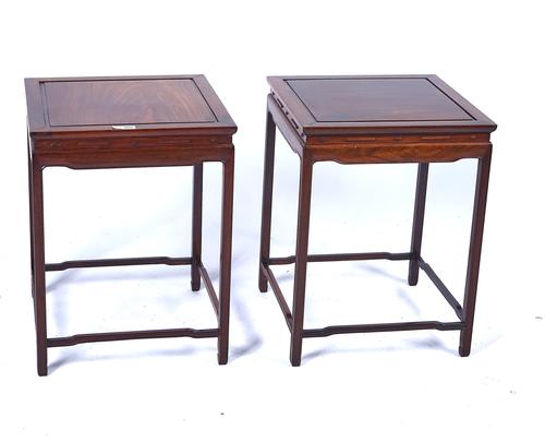 A PAIR OF LATE 19TH / EARLY 20TH CENTURY CHINESE SQUARE HARDWOOD OCCASIONAL TABLES (2)