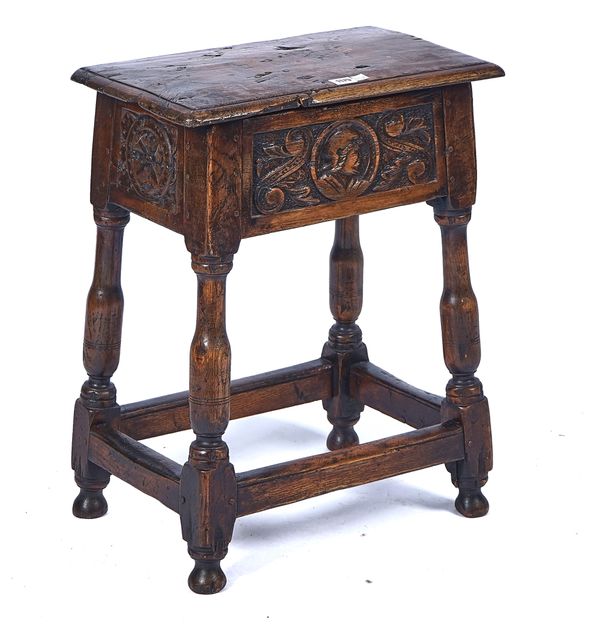 A 17TH STYLE BOXED SEAT JOINT STOOL, 19TH CENTURY