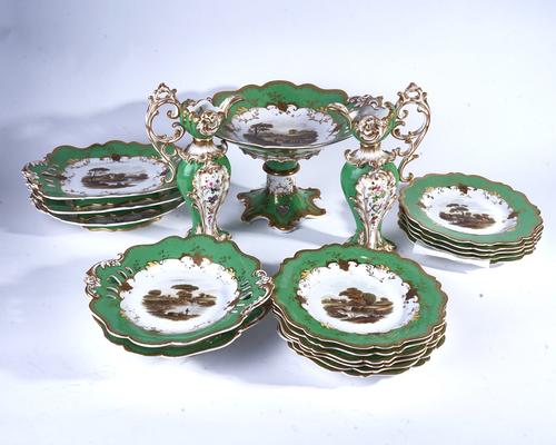 A JOHN RIDGWAY GREEN-GROUND PART DESSERT SERVICE