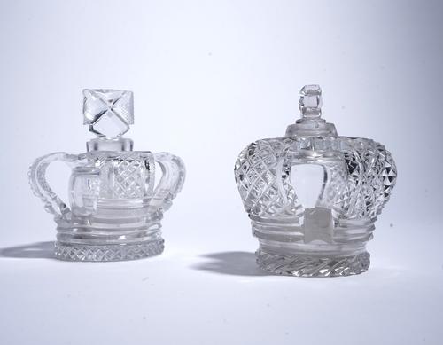 A CUT GLASS OPENWORK CROWN SCENT BOTTLE AND STOPPER (4)