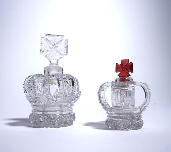 TWO CUT GLASS OPENWORK CROWN SCENT BOTTLES AND STOPPERS (4)