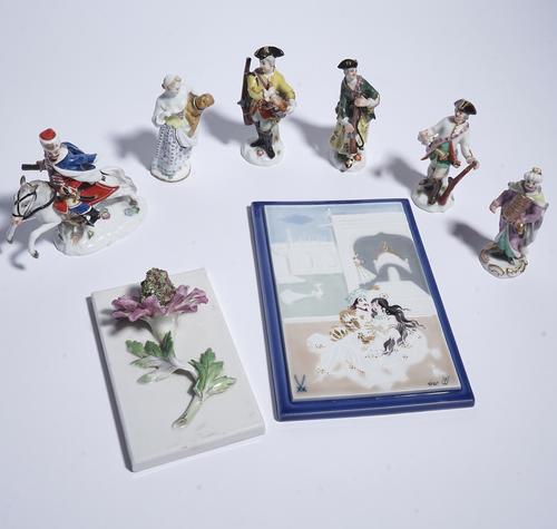FIVE MEISSEN MINIATURE FIGURES AND A SCENT BOTTLE (9)