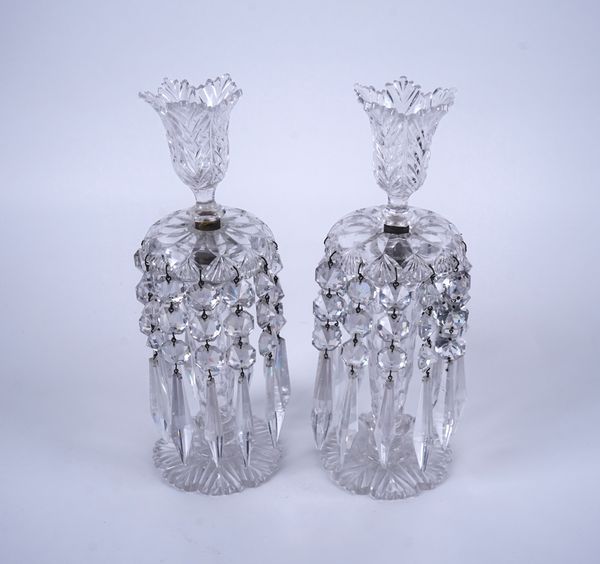 A PAIR OF CUT GLASS TABLE LUSTRES (2)