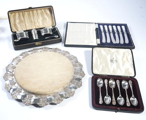 A SILVER THREE PIECE CONDIMENT SET AND THREE FURTHER ITEMS (4)
