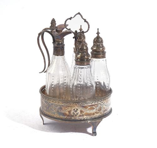 A GEORGE III SILVER FIVE BOTTLE CRUET FRAME