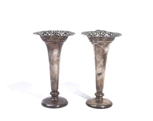 A PAIR OF SILVER TRUMPET SHAPED VASES