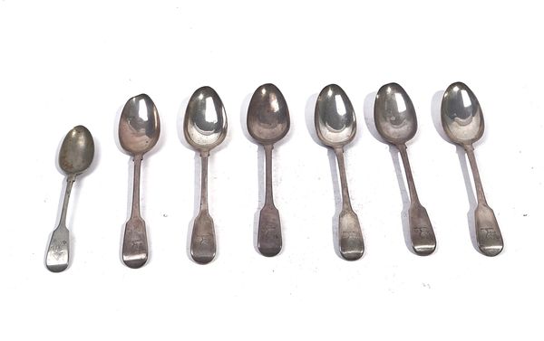 SIX SILVER FIDDLE PATTERN TABLESPOONS AND ONE PLATED SPOON (7)