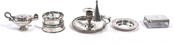 A SILVER CHAMBER CANDLESTICK AND FOUR FURTHER ITEMS (5)