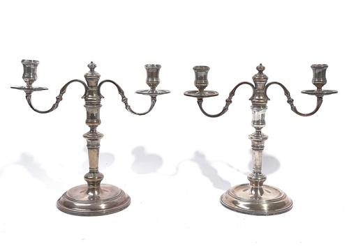 A PAIR OF SILVER TWO LIGHT TABLE CANDELABRA