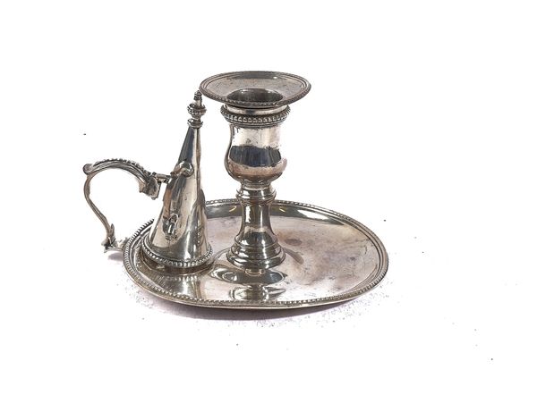 A GEORGE III SILVER CHAMBER STICK WITH A SNUFFING CONE