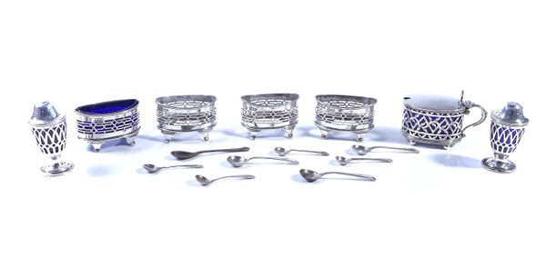 SEVEN SILVER CONDIMENTS AND EIGHT SILVER CONDIMENT SPOONS (15)