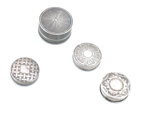 FOUR SILVER ROUND PILL BOXES (4)