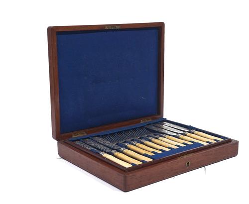 A SET OF TWELVE PAIRS OF PLATED FISH KNIVES AND FORKS AND TWO FURTHER ITEMS (3 sets)