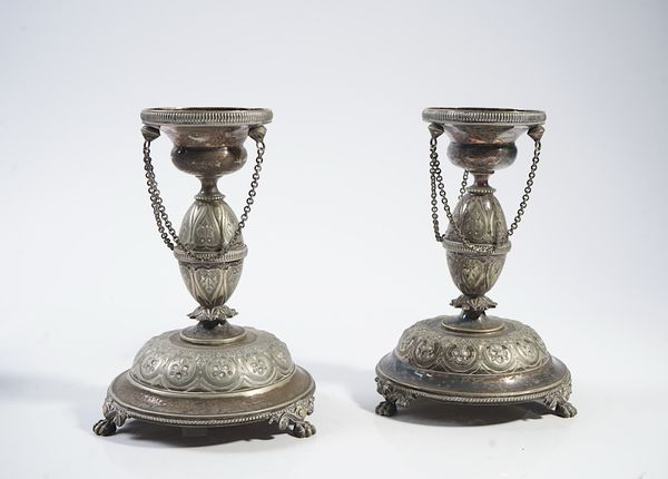 A PAIR OF PLATED STANDS AND A PLATED CASED ITEM (2)