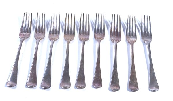 NINE GEORGE III SILVER OLD ENGLISH PATTERN TABLE FORKS (9)