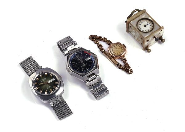 THREE WRISTWATCHES AND A MINIATURE CLOCK (4)