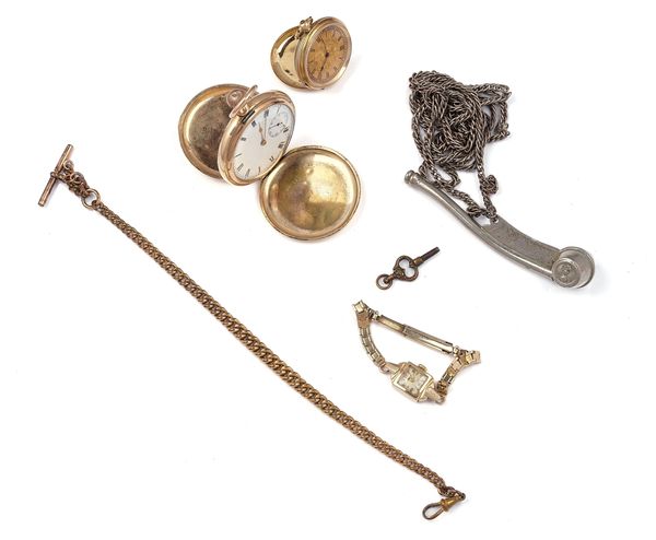 A GOLD CASED, KEY WIND, OPENFACED FOB WATCH, WITH A KEY AND FIVE FURTHER ITEMS (6)