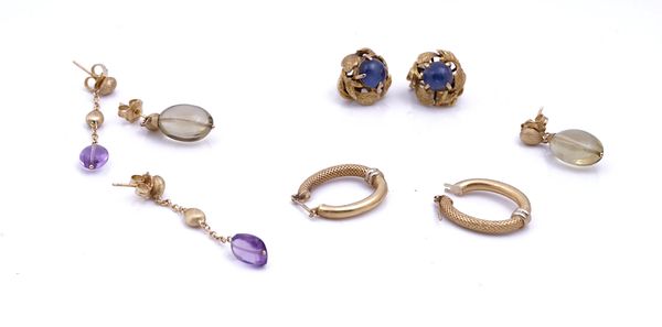 A PAIR OF GOLD AND AMETHYST PENDANT EARRINGS AND THREE FURTHER PAIRS OF EARRINGS (4)