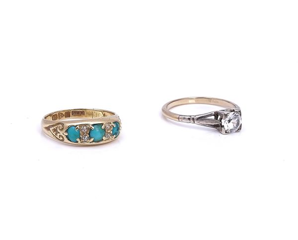 AN 18CT GOLD, TURQUOISE AND DIAMOND RING AND ANOTHER RING (2)