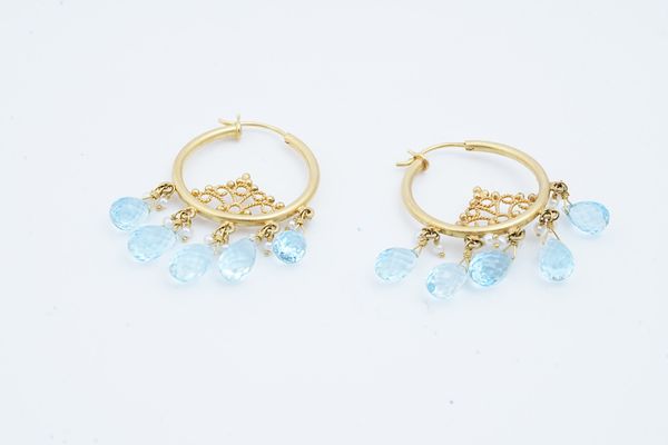 A PAIR OF GOLD, BLUE TOPAZ AND SEED PEARL PENDANT EARRINGS