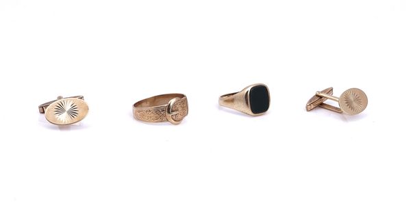 TWO 9CT GOLD RINGS AND A PAIR OF 9CT GOLD CUFFLINKS (3)