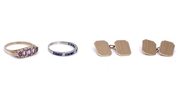 A PAIR OF 9CT GOLD CUFFLINKS AND TWO GEM SET RINGS (3)