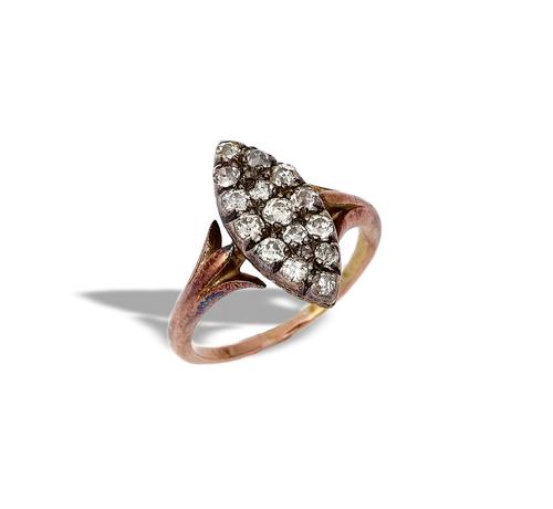 A GOLD AND SILVER SET, DIAMOND MARQUISE SHAPED CLUSTER RING