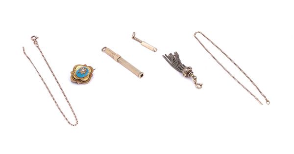 A 9CT GOLD SLIDE ACTION TOOTHPICK AND FOUR ITEMS OF JEWELLERY (5)