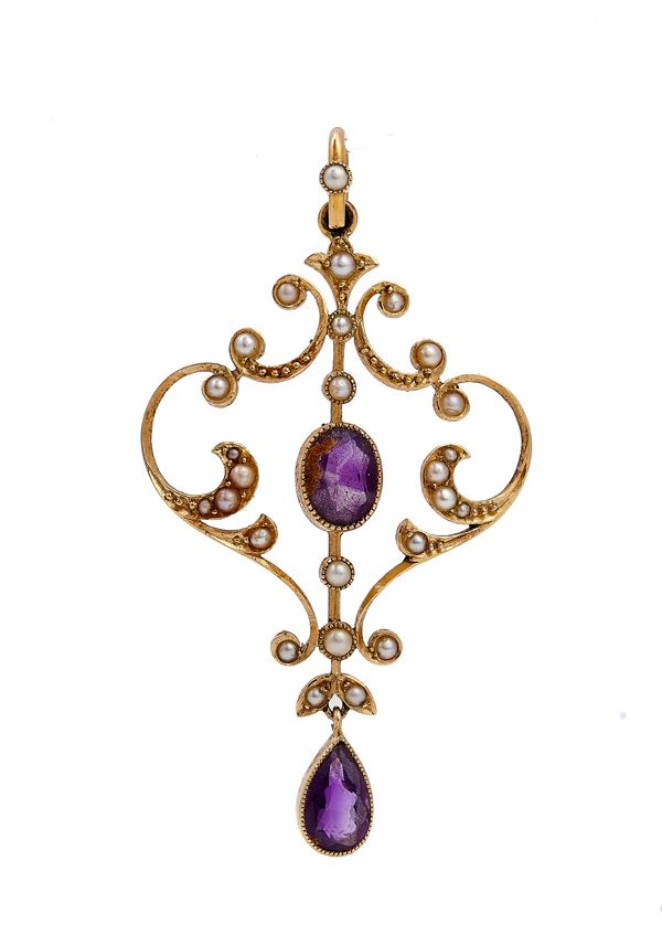 A GOLD, AMETHYST AND SEED PEARL PENDANT
