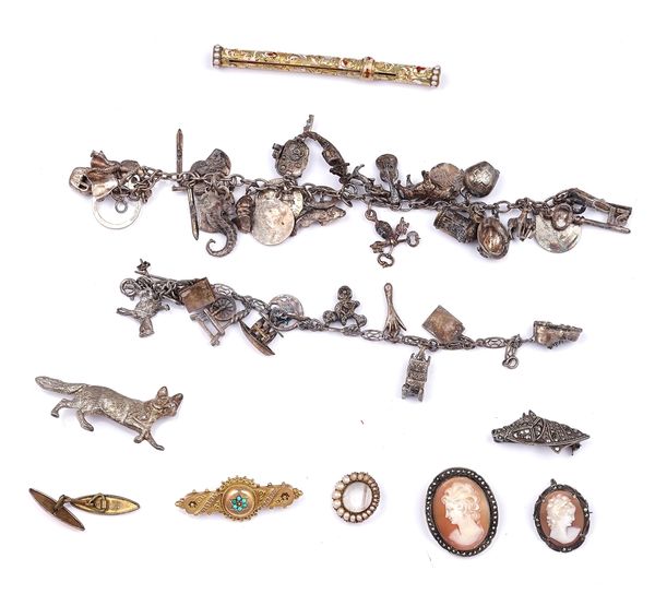 A VICTORIAN GOLD, ENAMEL AND SEED PEARL SET SLIDE ACTION PENCIL AND NINE FURTHER ITEMS (10)