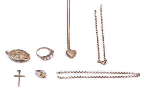 A 9CT GOLD AND OPAL FIVE STONE RING AND FIVE FURTHER ITEMS (7)